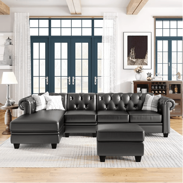 Dolcy Sectional Sofa Set in PU Leather in Black Color with Ottoman - Oak Inside