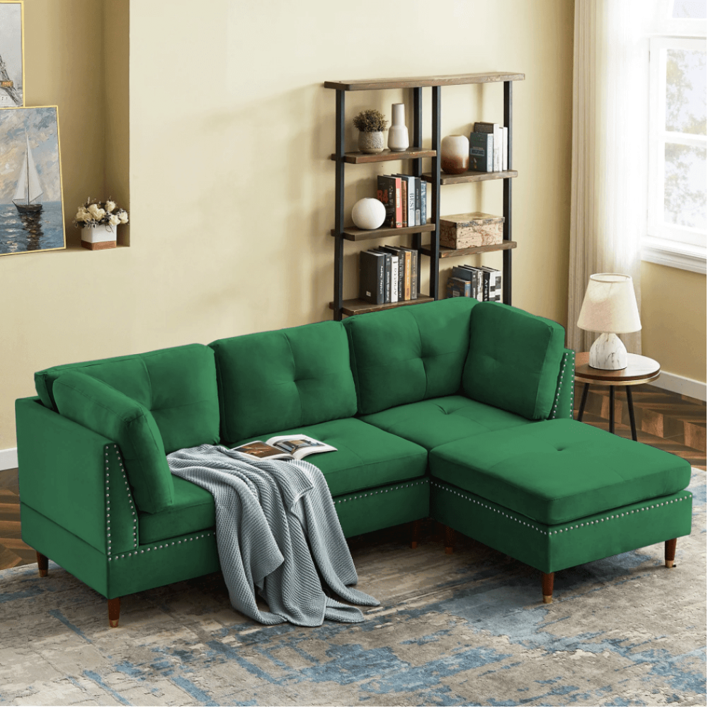Glossy Sectional Suede Sofa Set With Ottoman - Oak Inside