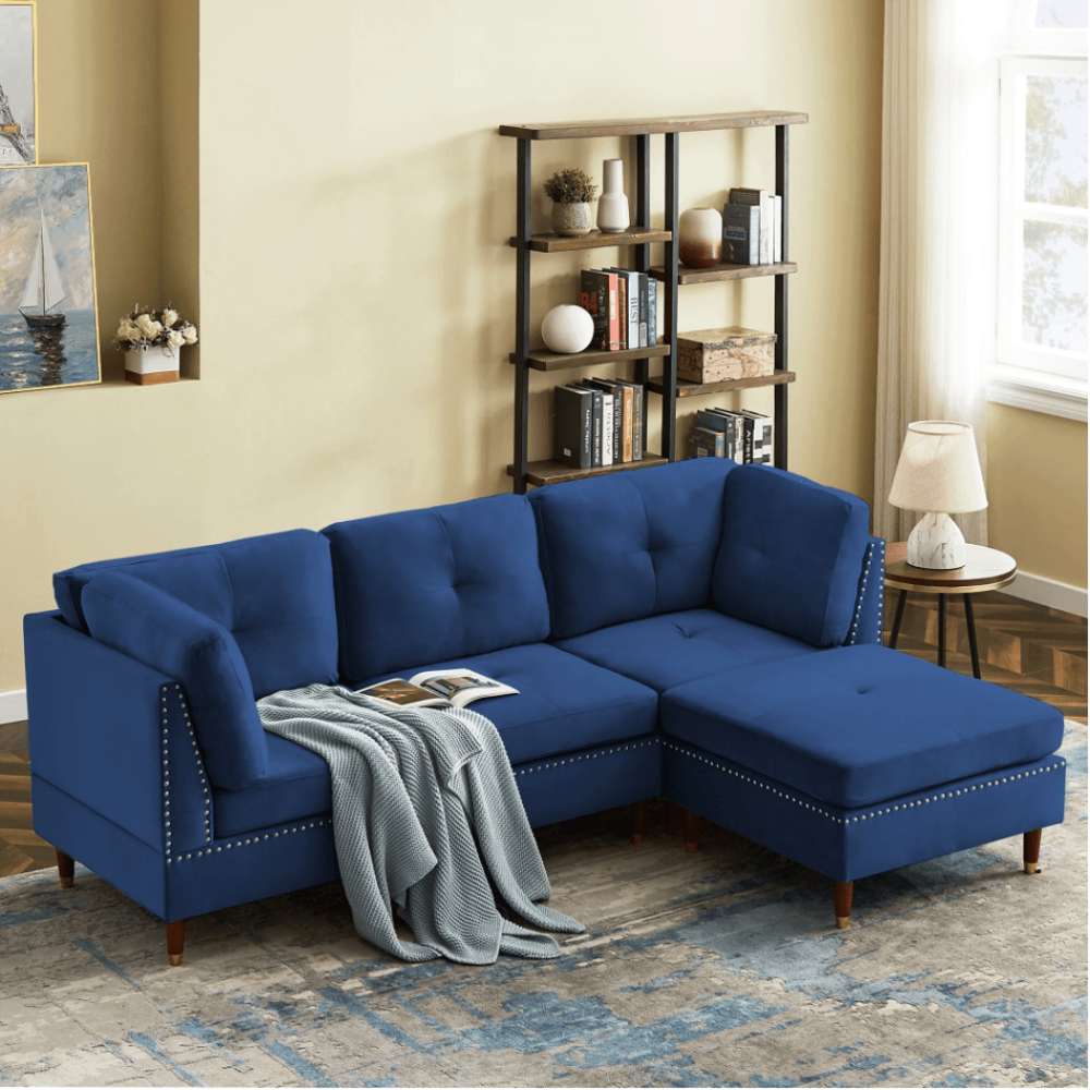 Glossy Sectional Suede Sofa Set With Ottoman - Oak Inside