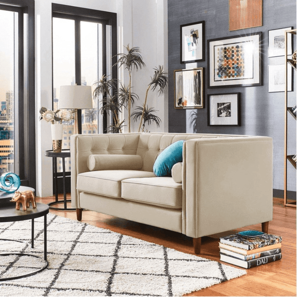 Brew Tuxedo Faux Leatherette Sofa with Accent Pillows - Oak Inside