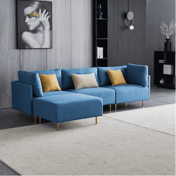 Ronaldo Sectional Sofa Set in Blue Color With Ottoman - Oak Inside