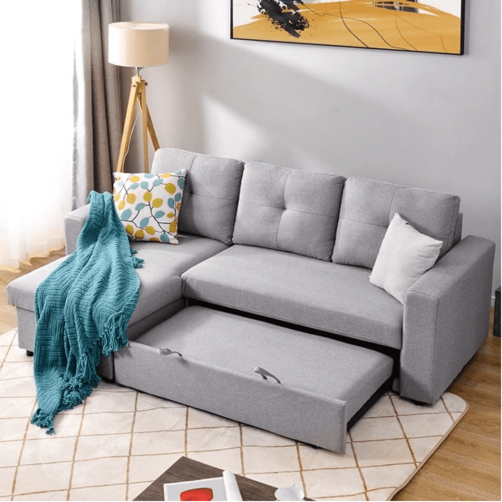 Roxy L-Shaped Sectional Storage Sofa Cum Bed - Oak Inside