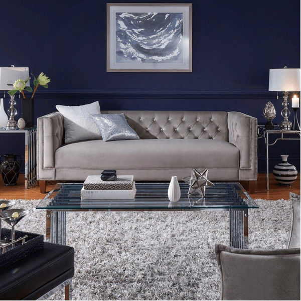 Silver Orchid Jewel-tuft Grey Suede Seating with Nailhead - Oak Inside