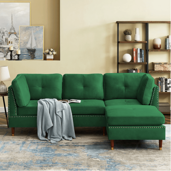 Glossy Sectional Suede Sofa Set With Ottoman - Oak Inside