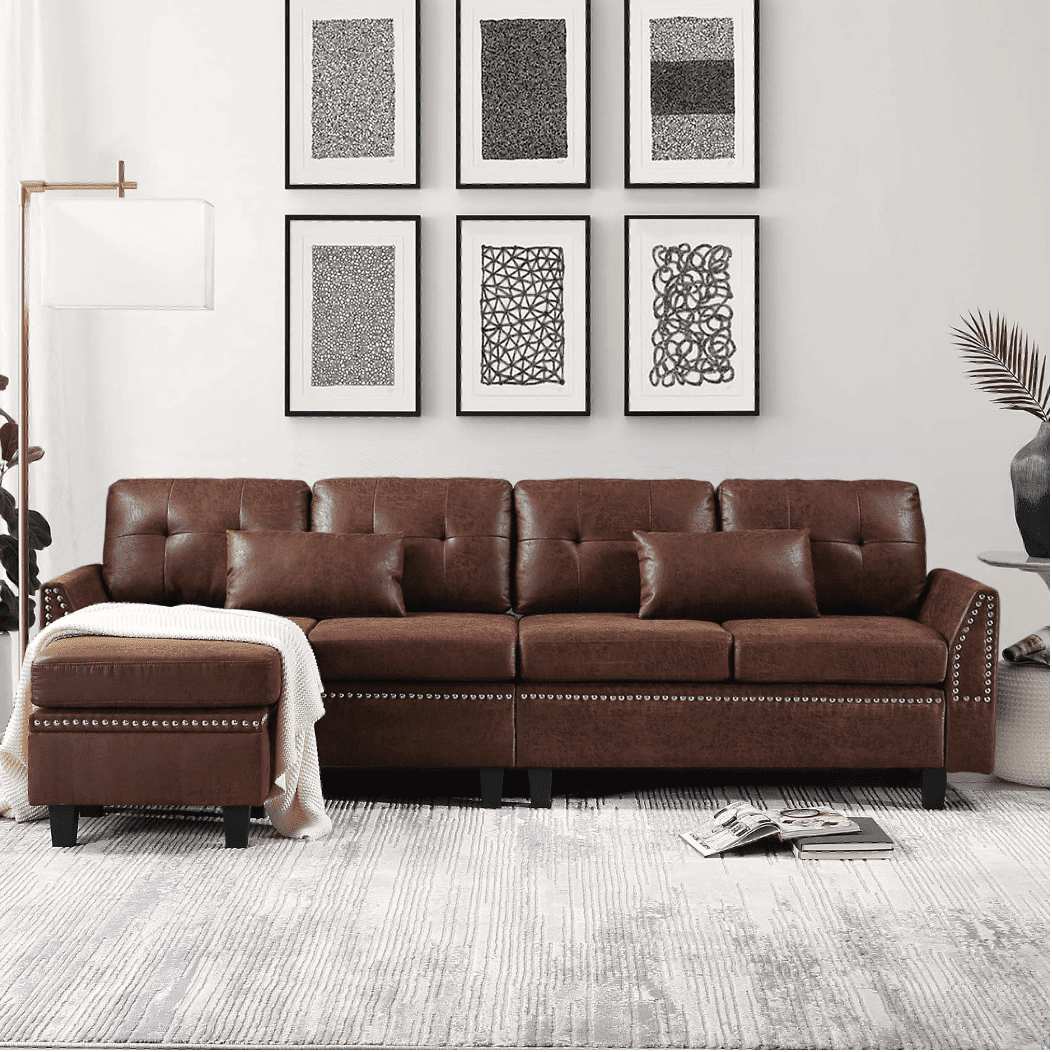 Viatol High Back Couch Mid-century Suede Leather Wood Legs Chaise Sofa - Oak Inside
