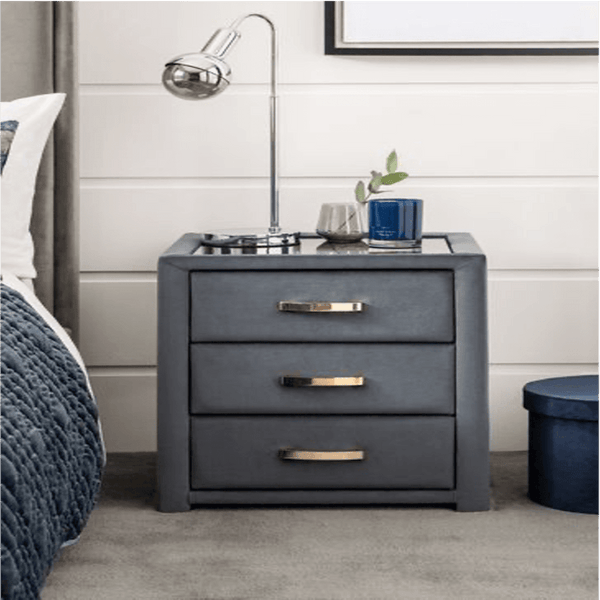 Frankie Upholstered 3 Drawer Bedside - Oak Inside