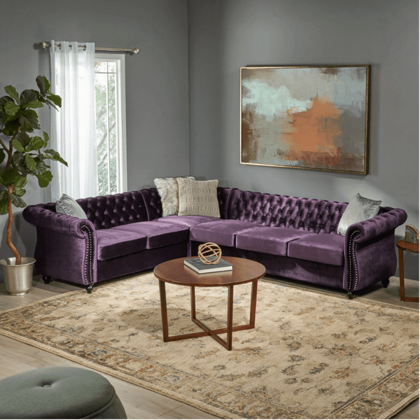 Amberside Suede Tufted Chesterfield Sectional Sofa - Oak Inside