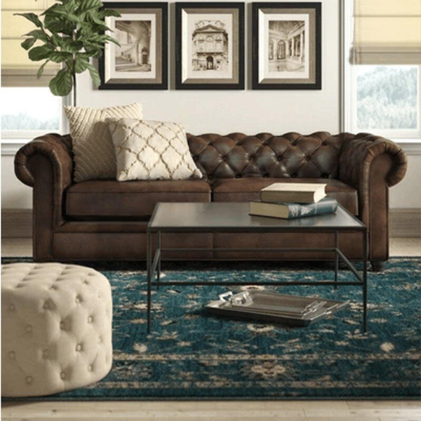 Rolled Arm Back Tufted Chesterfield Sofa in Leatherette - Oak Inside