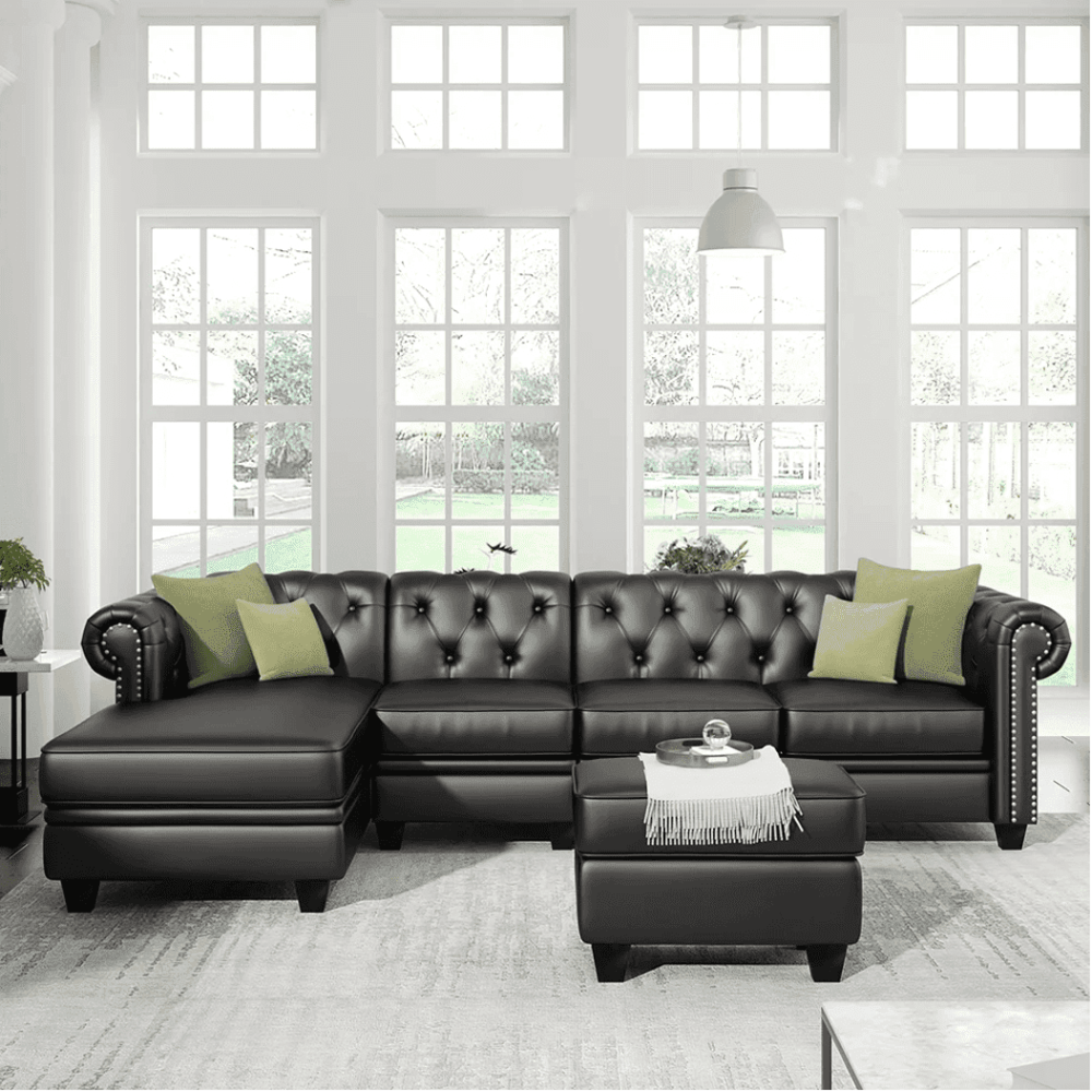 Dolcy Sectional Sofa Set in PU Leather in Black Color with Ottoman - Oak Inside