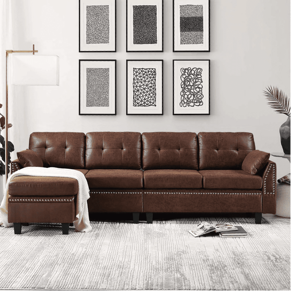 Viatol High Back Couch Mid-century Suede Leather Wood Legs Chaise Sofa - Oak Inside