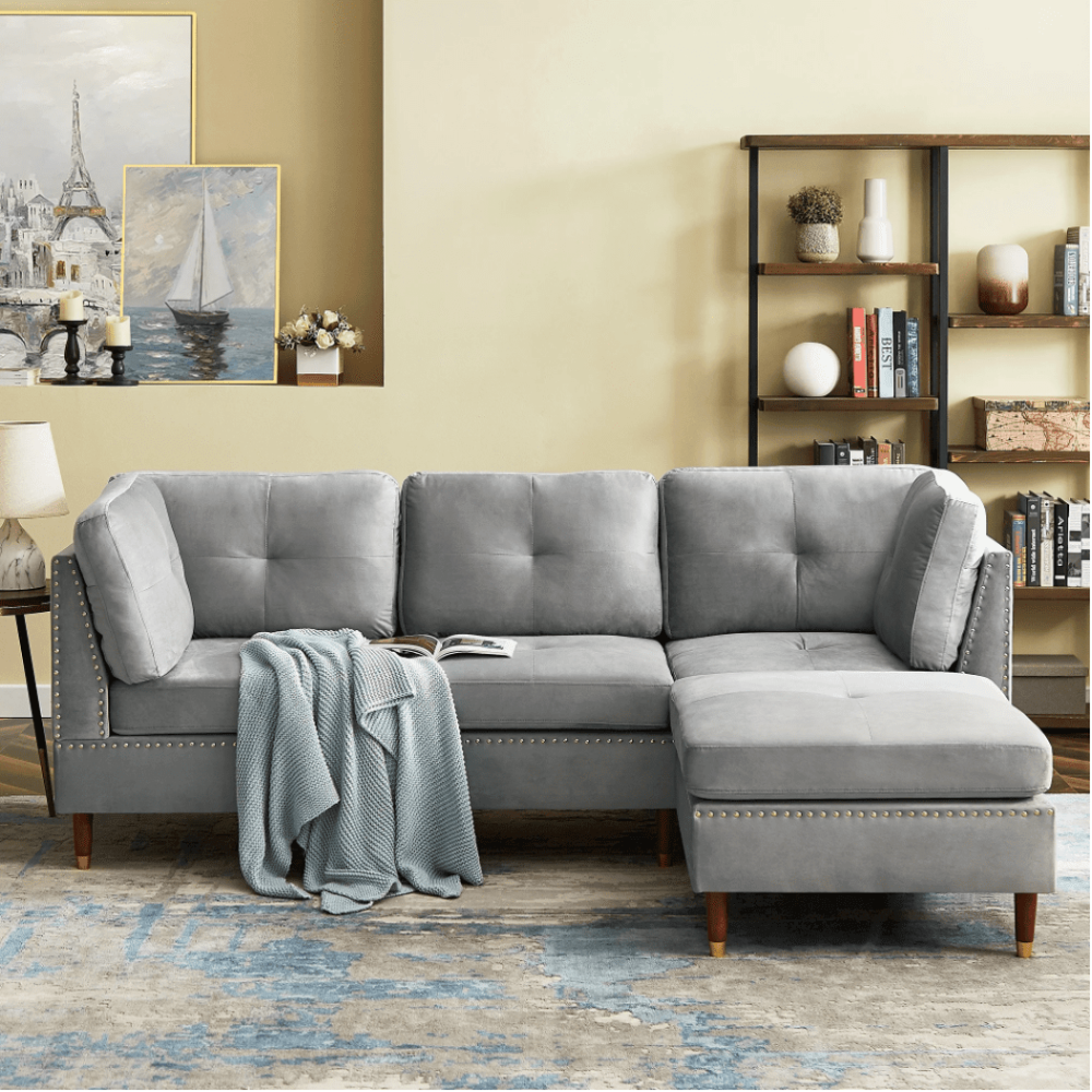 Glossy Sectional Suede Sofa Set With Ottoman - Oak Inside