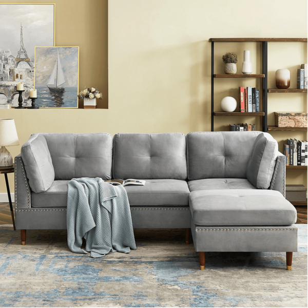 Glossy Sectional Suede Sofa Set With Ottoman - Oak Inside