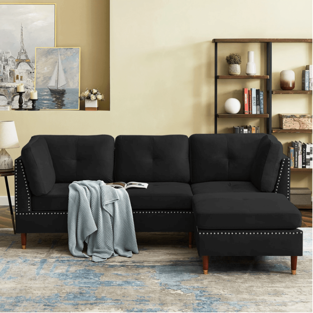 Glossy Sectional Suede Sofa Set With Ottoman - Oak Inside