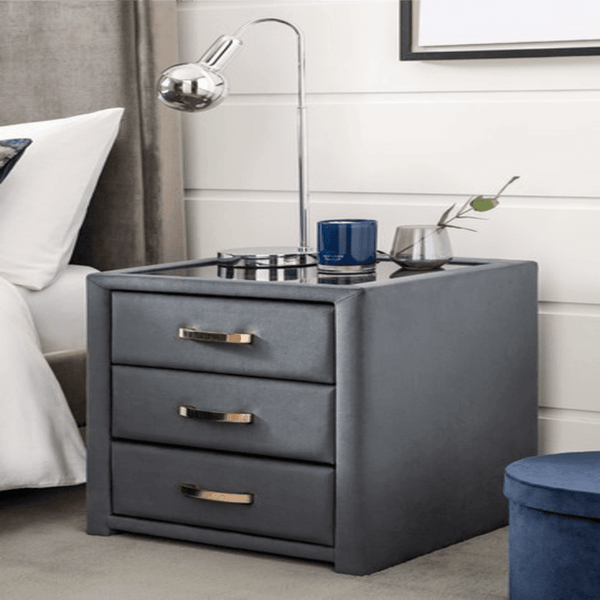 Frankie Upholstered 3 Drawer Bedside - Oak Inside