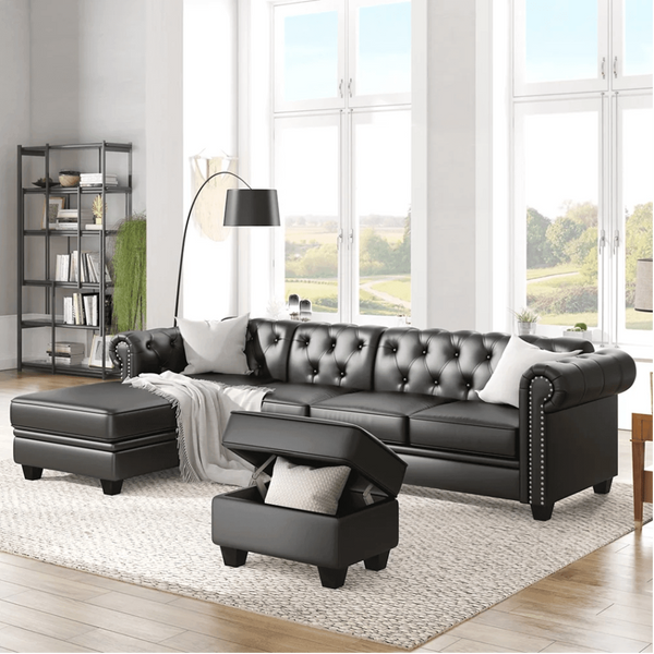 Dolcy Sectional Sofa Set in PU Leather in Black Color with Ottoman - Oak Inside