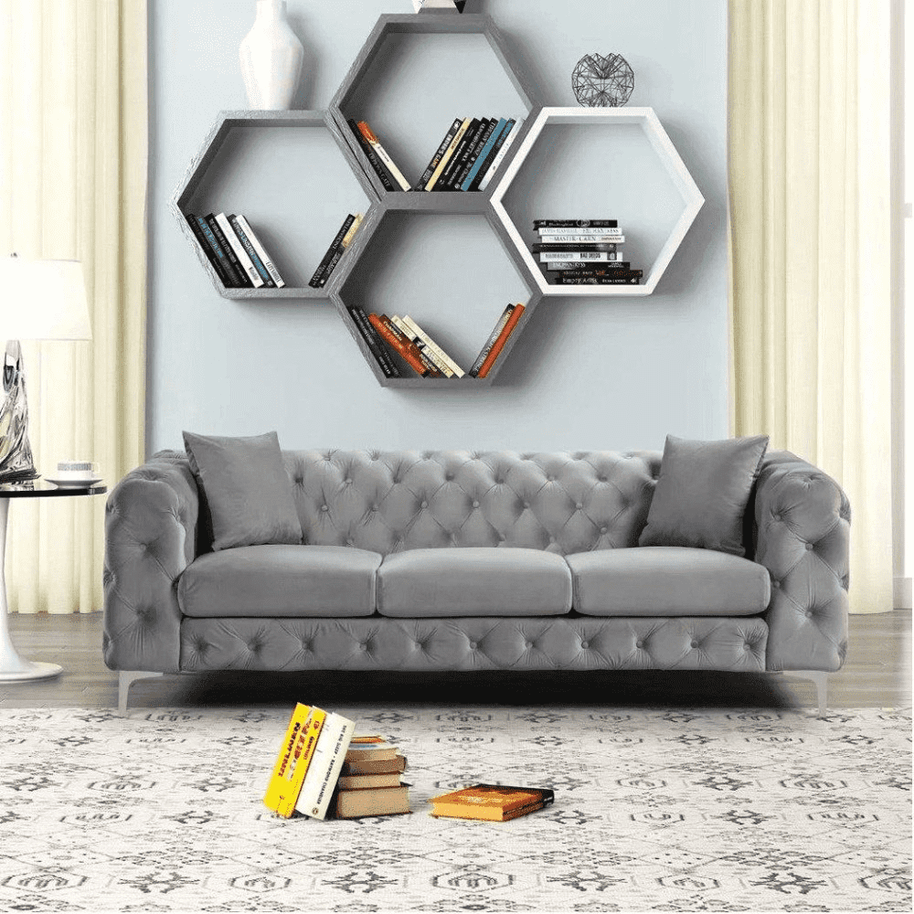Dollo Chesterfield Suede Tufted Sofa Set - Oak Inside