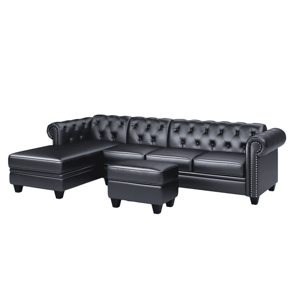 Dolcy Sectional Sofa Set in PU Leather in Black Color with Ottoman - Oak Inside