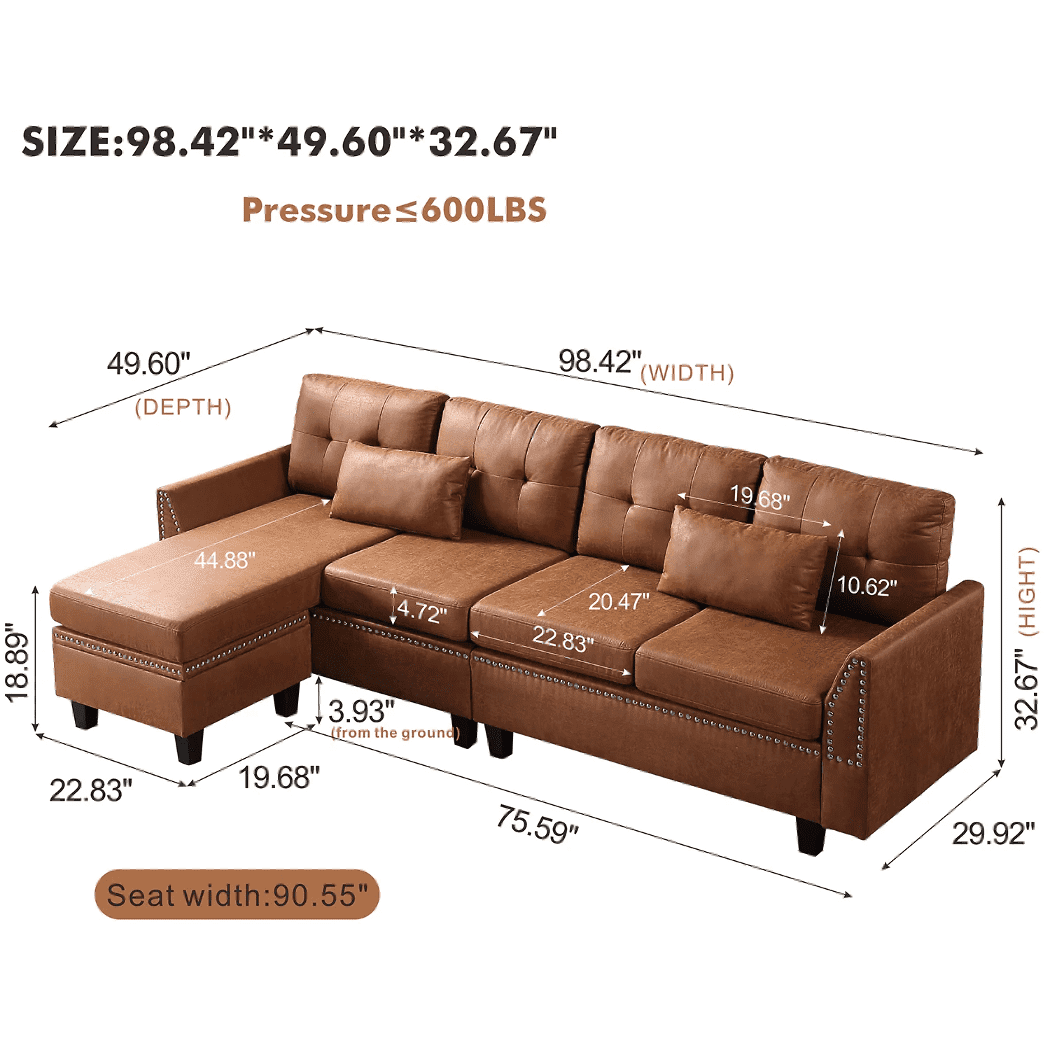 Viatol High Back Couch Mid-century Suede Leather Wood Legs Chaise Sofa - Oak Inside