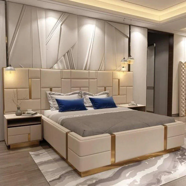 Dollar Luxury Upholstered Bed With Side Tables in Leatherette