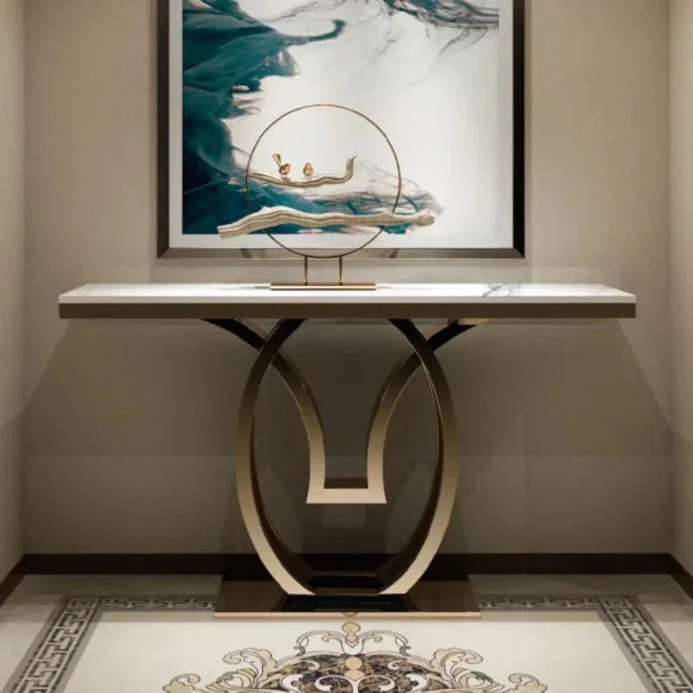Oval Golden Console Table - Stainless Steel - Oak Inside