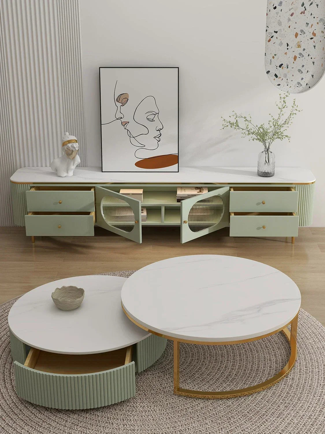 Texo Luxury TV Unit in Green - Oak Inside