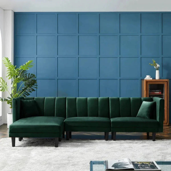 Yollo Suede Sectional Sofa in Green - Oak Inside