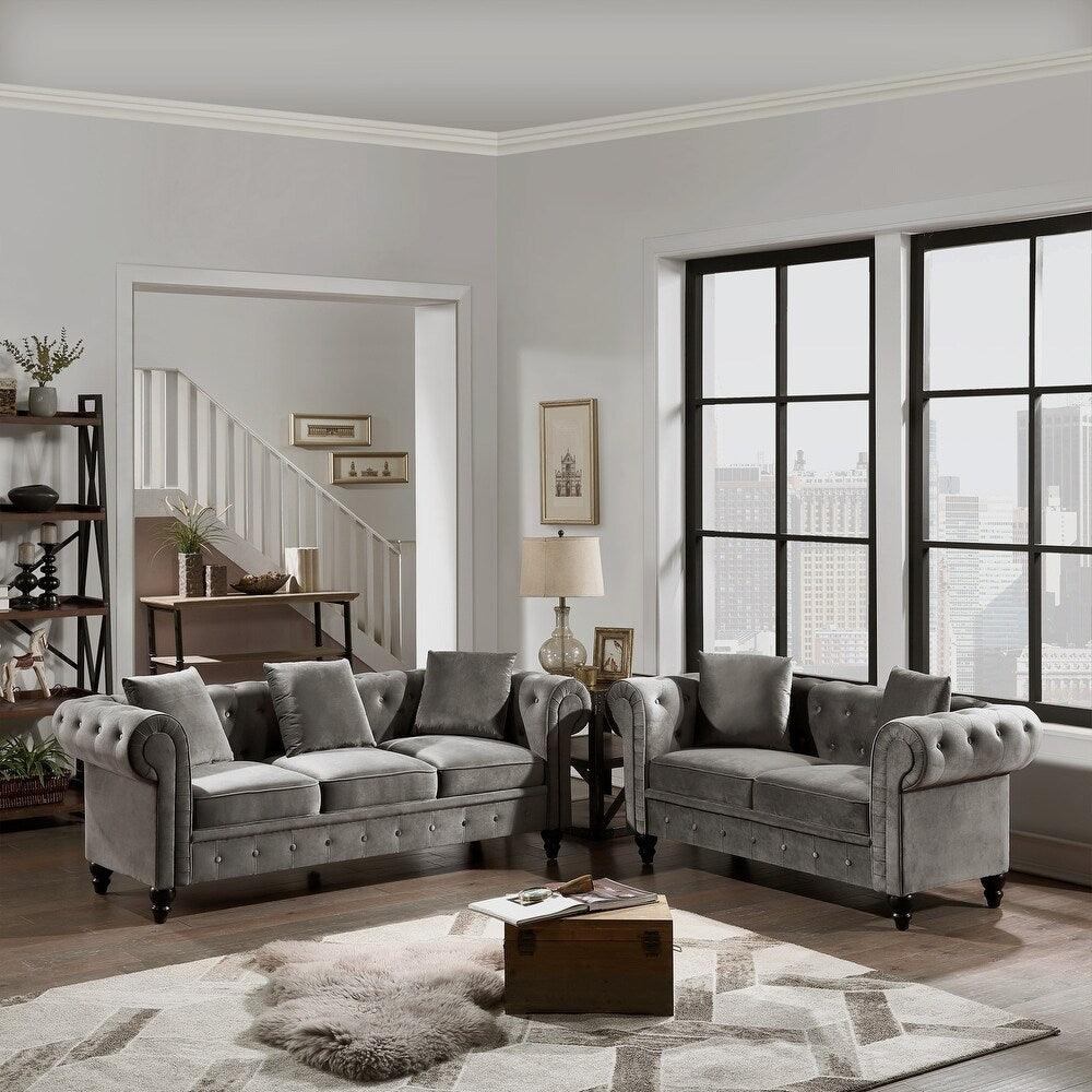 Cosmo Line Chesterfield Sofa Set in Grey - Oak Inside