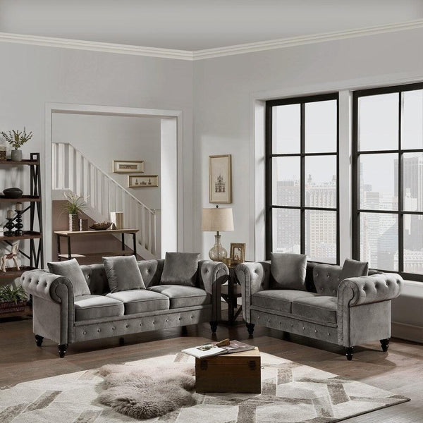 Cosmo Line Chesterfield Sofa Set in Grey - Oak Inside