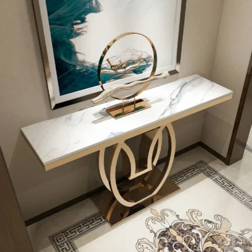 Oval Golden Console Table - Stainless Steel - Oak Inside