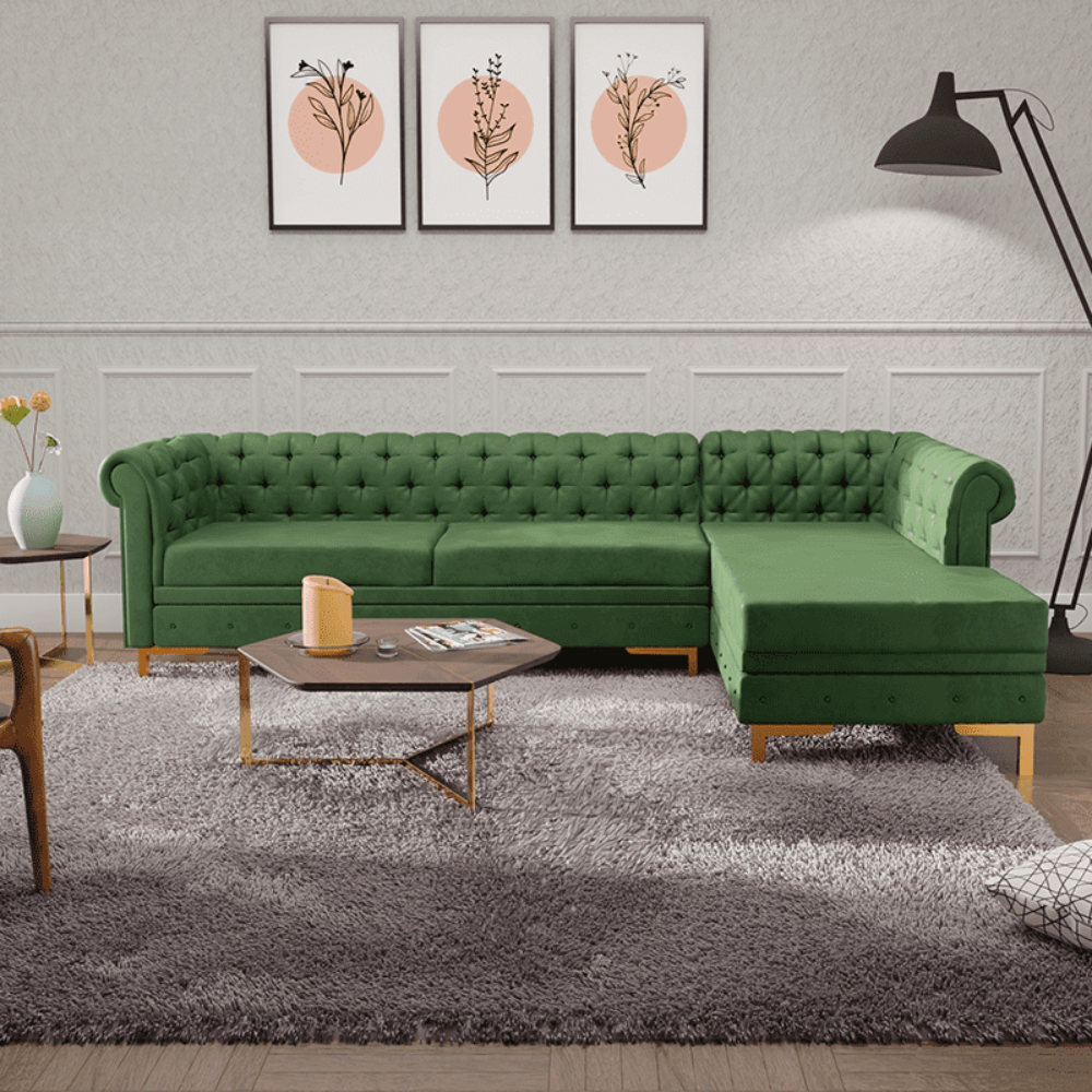 Lexis Tufted back Suede Chesterfield Sectional Sofa - Oak Inside