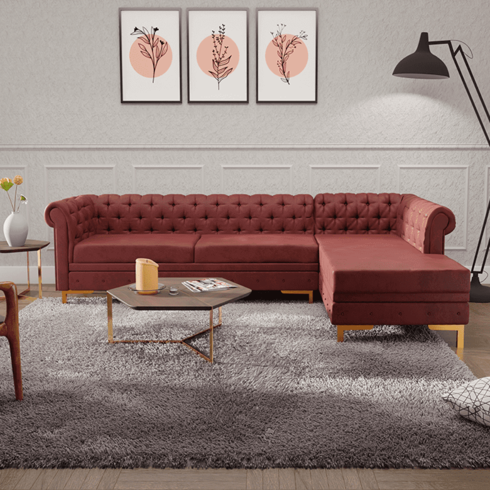 Lexis Tufted back Suede Chesterfield Sectional Sofa - Oak Inside