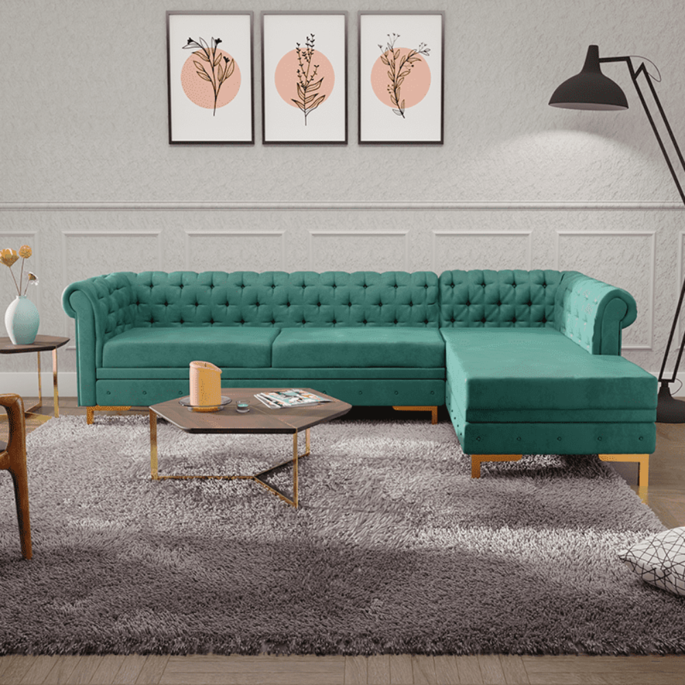 Lexis Tufted back Suede Chesterfield Sectional Sofa - Oak Inside