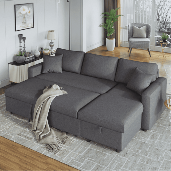 Glossy L-Shaped Sectional Storage Sofa Cum Bed - Oak Inside